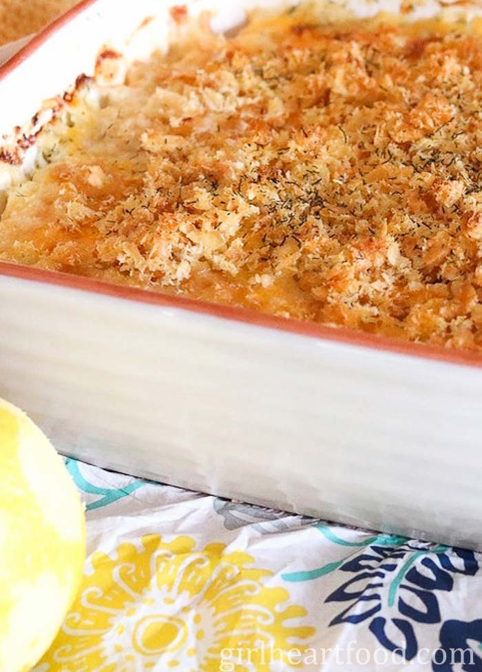 Close-up of cod au gratin in a casserole dish.