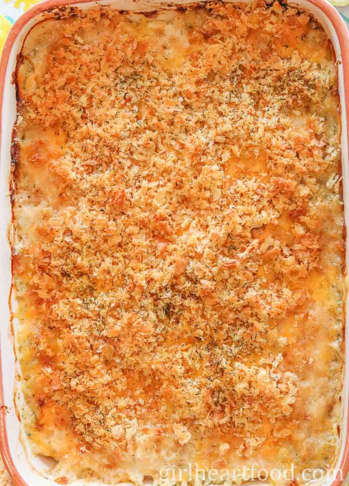 Baked cod au gratin in a casserole dish.