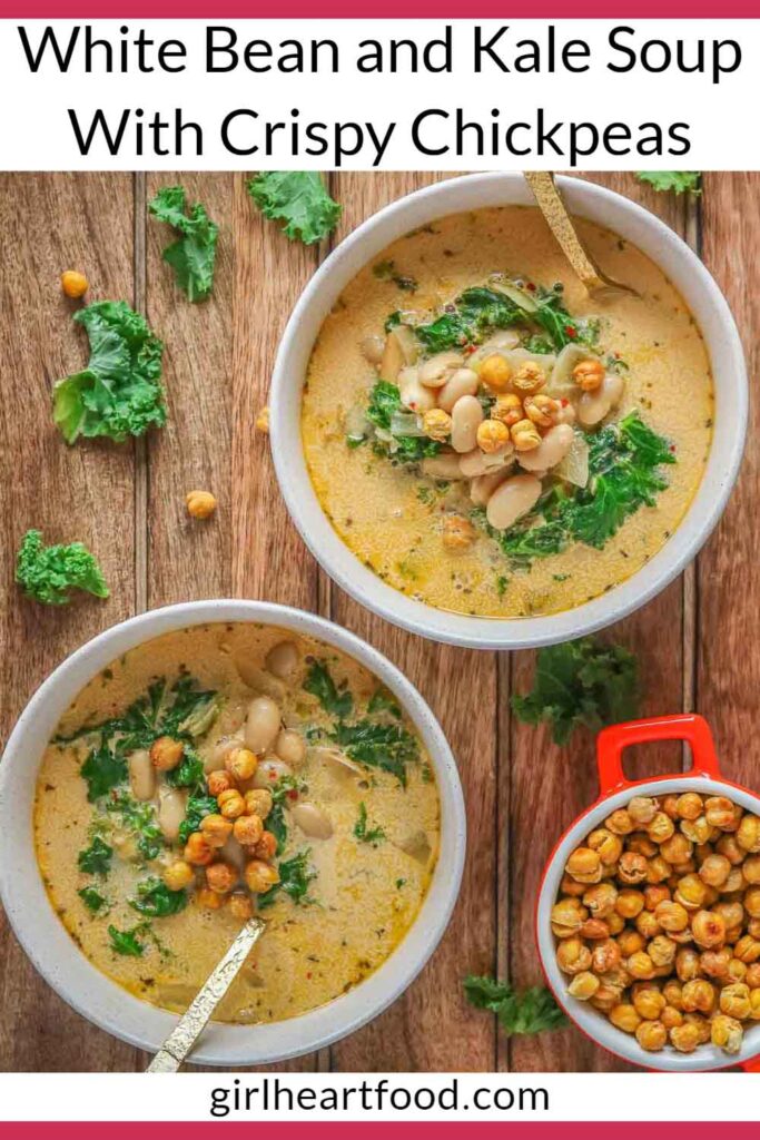 Two bowls of bean and kale soup with crispy chickpeas.