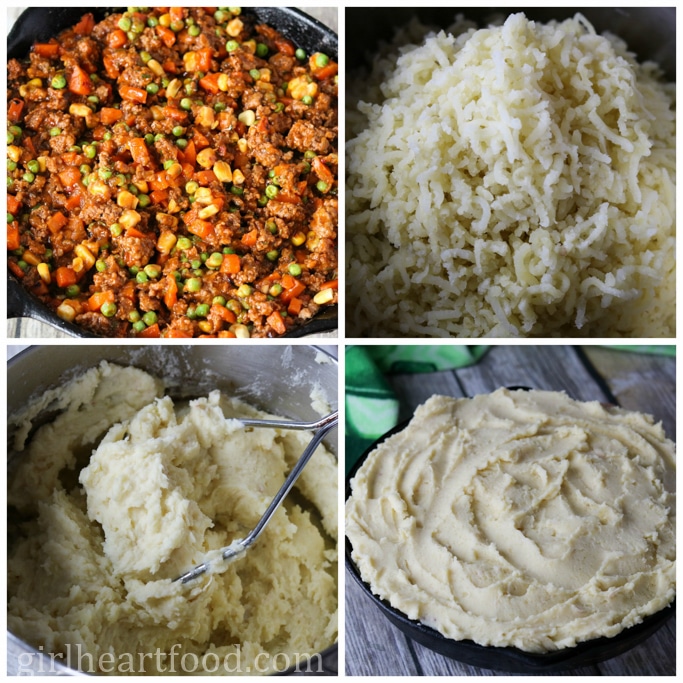 Collage of some steps to make a traditional shepherd's pie recipe.