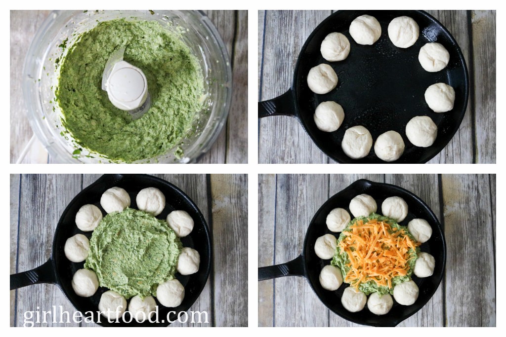 Collage of steps to make spinach artichoke dip.