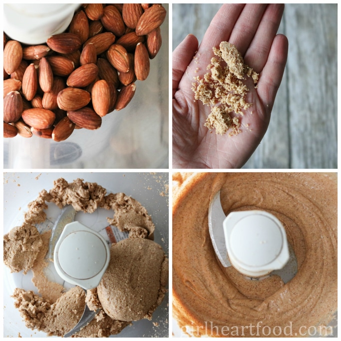 Collage of some steps in making homemade almond butter.