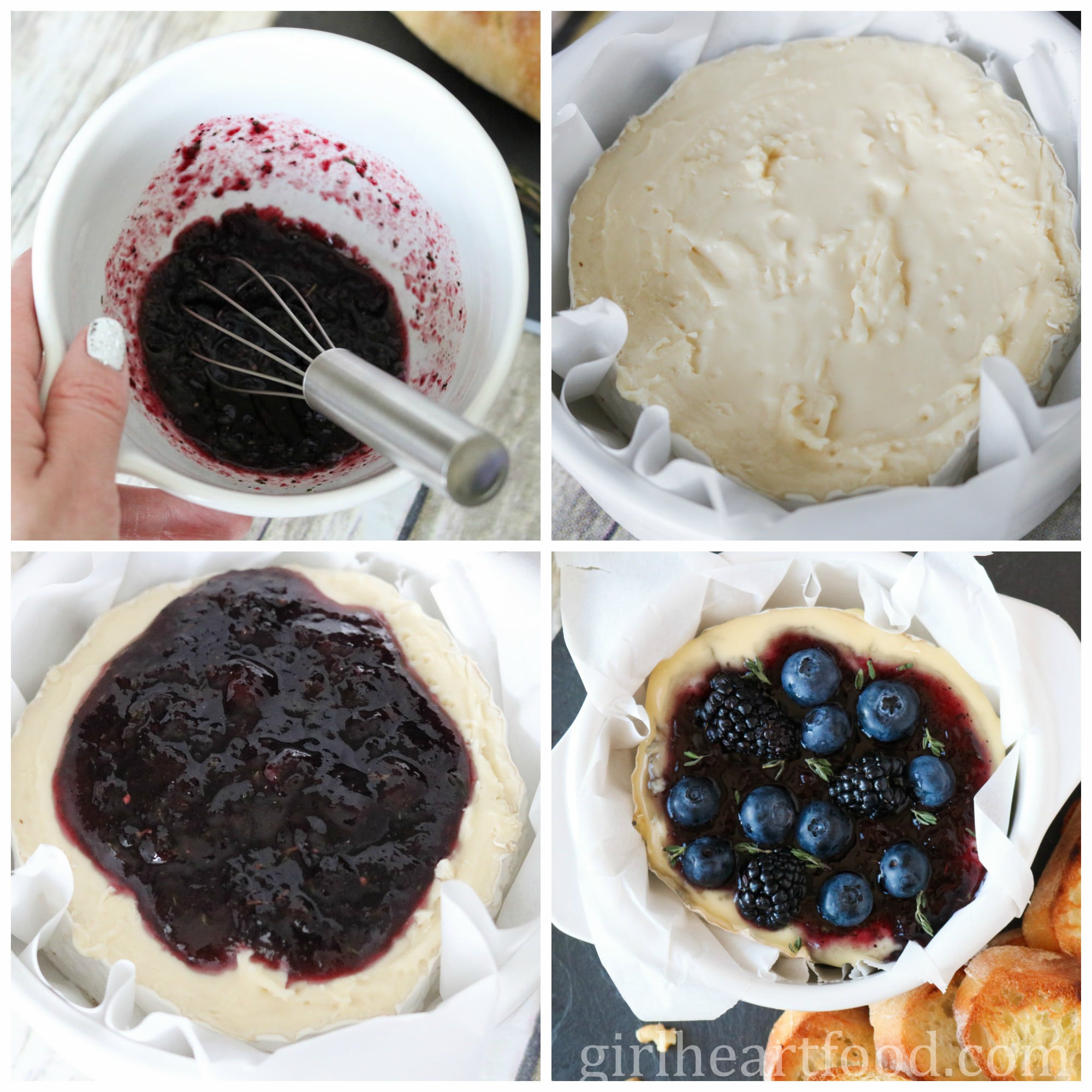 Collage of steps to make a baked camembert recipe with jam and berries.