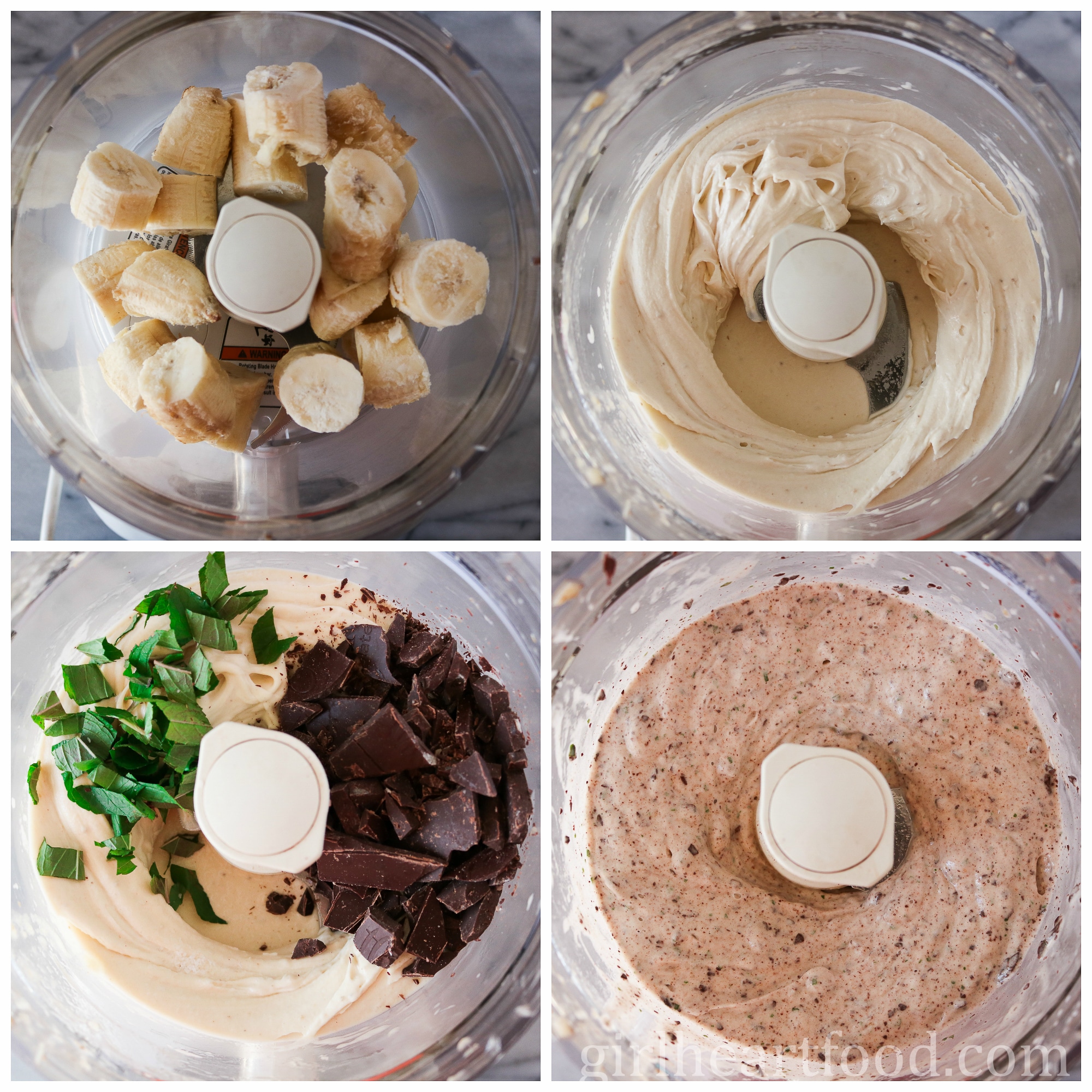 Collage of steps to flavoured banana ice cream in a food processor.