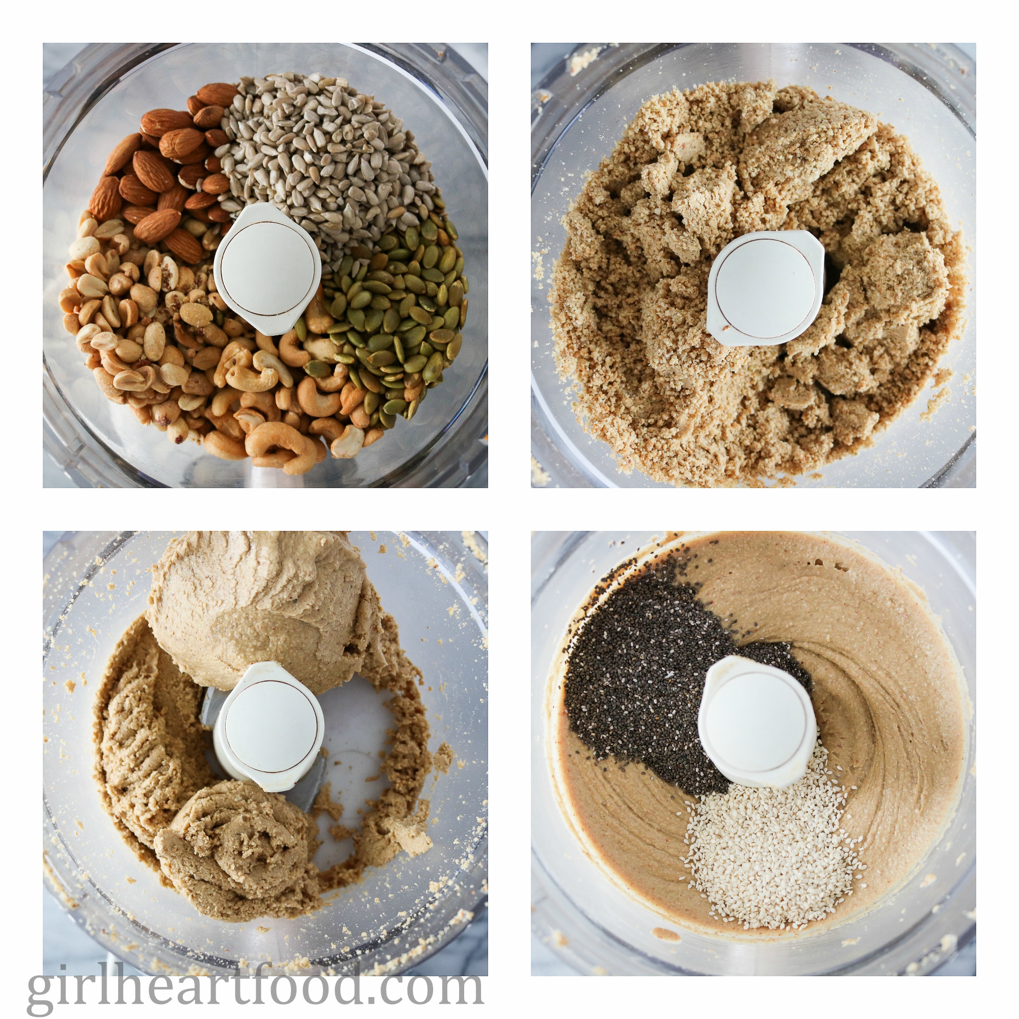 Collage of some steps to make nut and seed butter in a food processor.