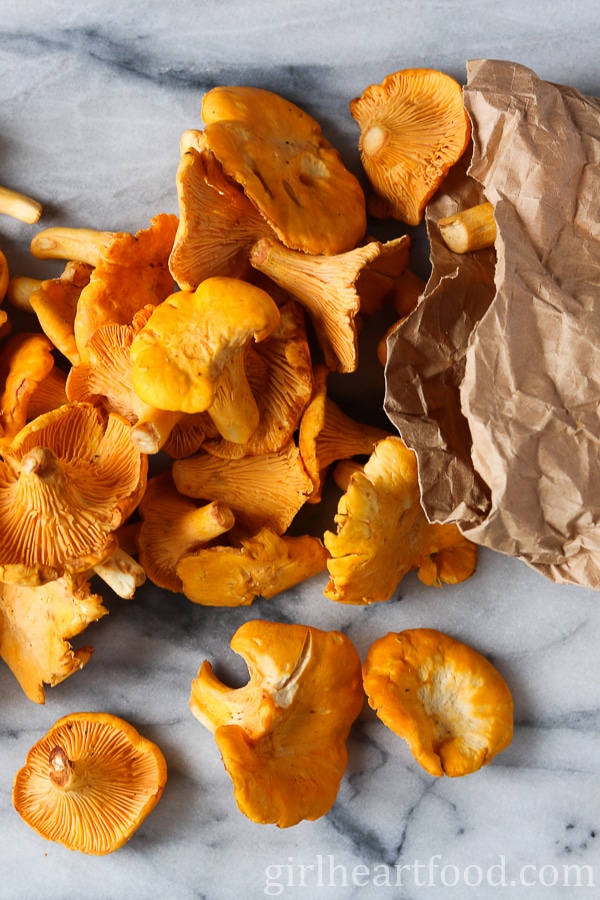 Fresh chanterelle mushrooms spilling out of a paper bag and onto a marble board.