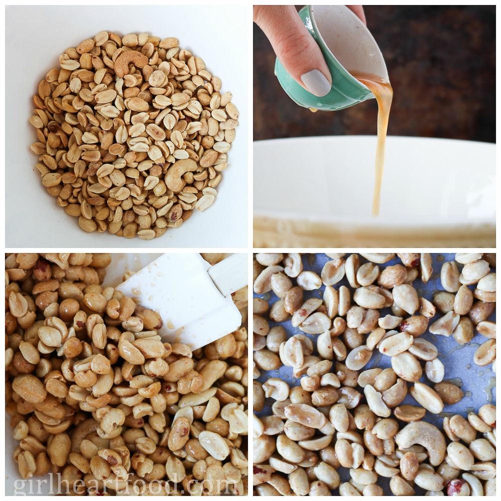 Collage of steps to make honey roasted peanut clusters.