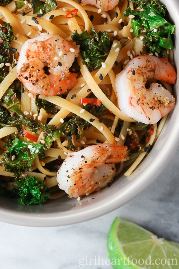 Close-up of a bowl of chili shrimp pasta.