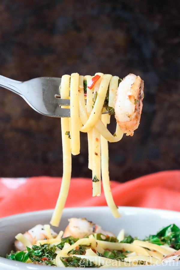 Forkful of chili shrimp pasta.