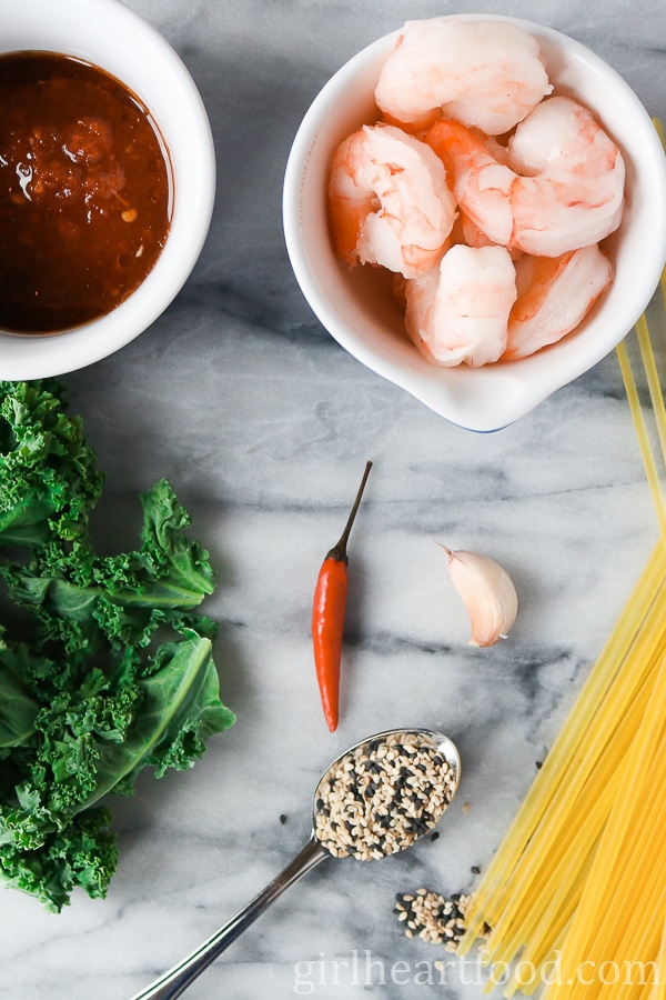 Ingredients for a chili shrimp pasta recipe.