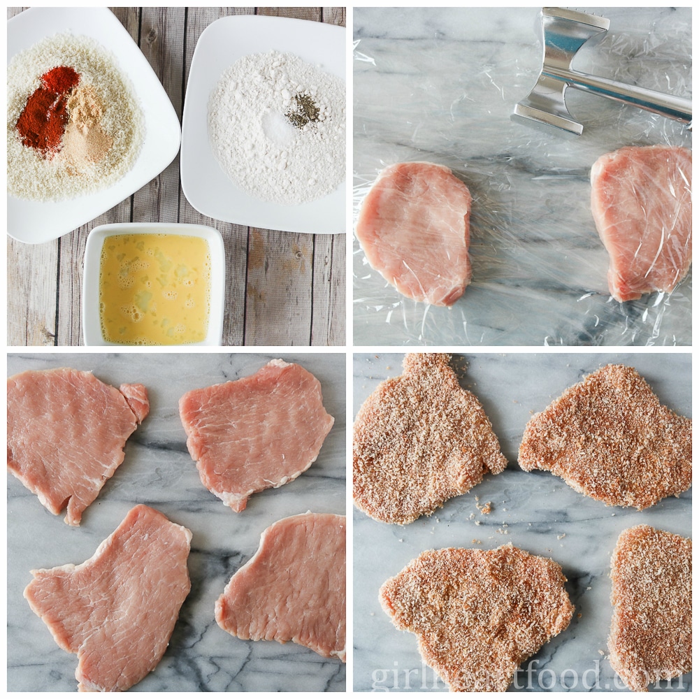 Collage of some steps to bread pork loin chops for schnitzel.