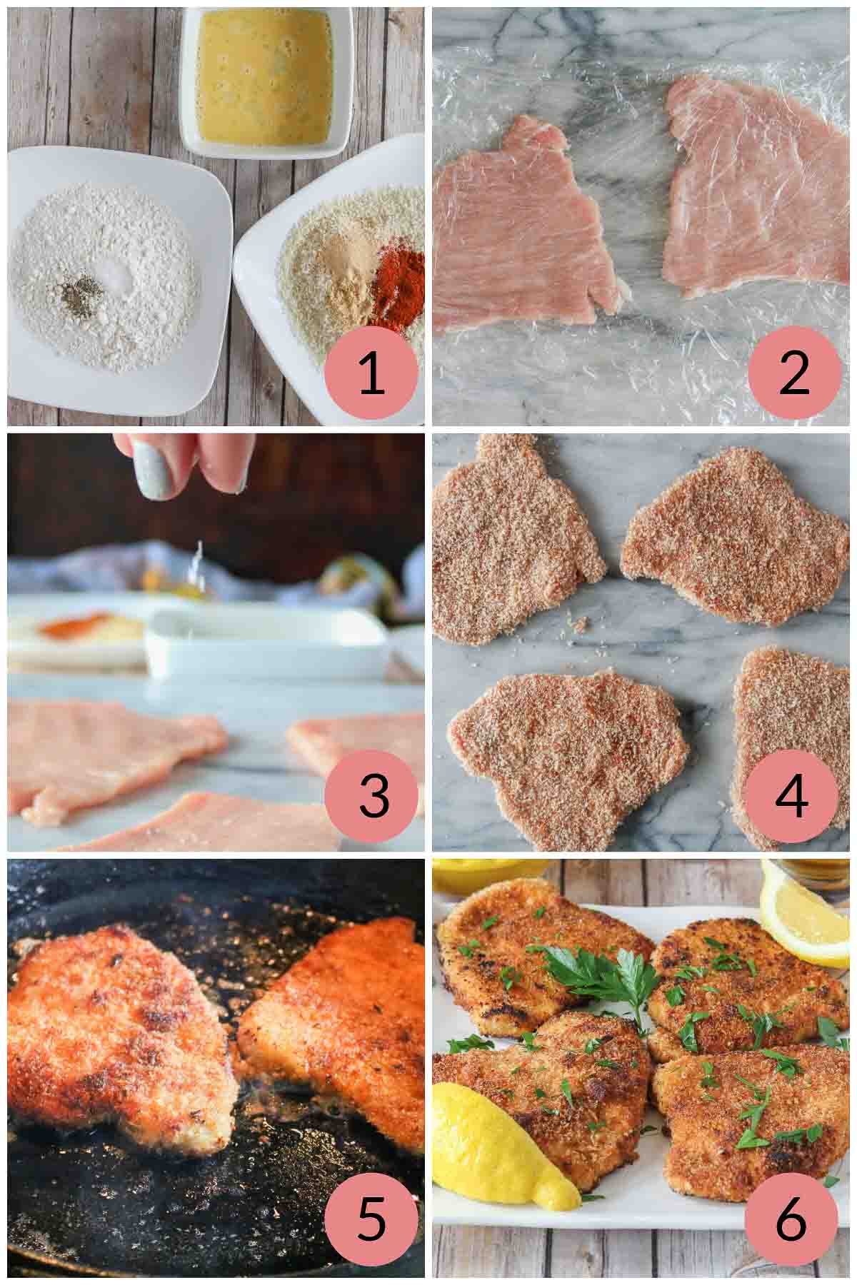 Collage of steps to make a pork schnitzel recipe.