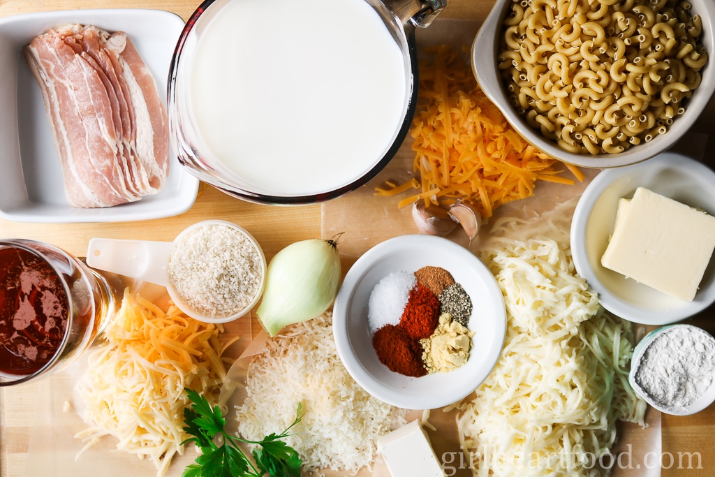 Ingredients for a baked mac and cheese recipe.