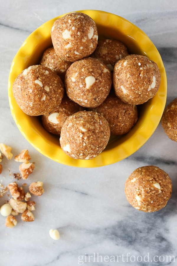 Pumpkin pie bites in a yellow dish.