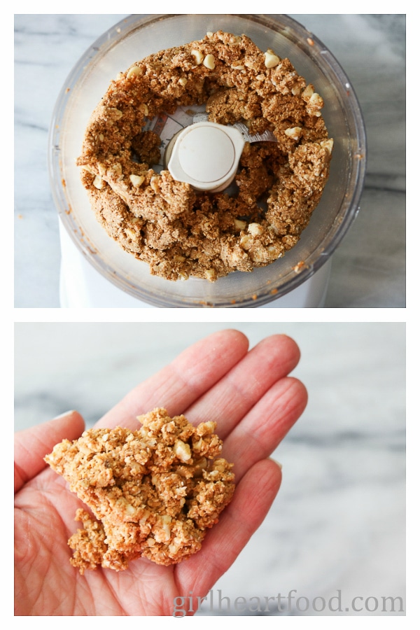 Collage of a pumpkin pie ball mixture: some in a food processor and some held in a hand.