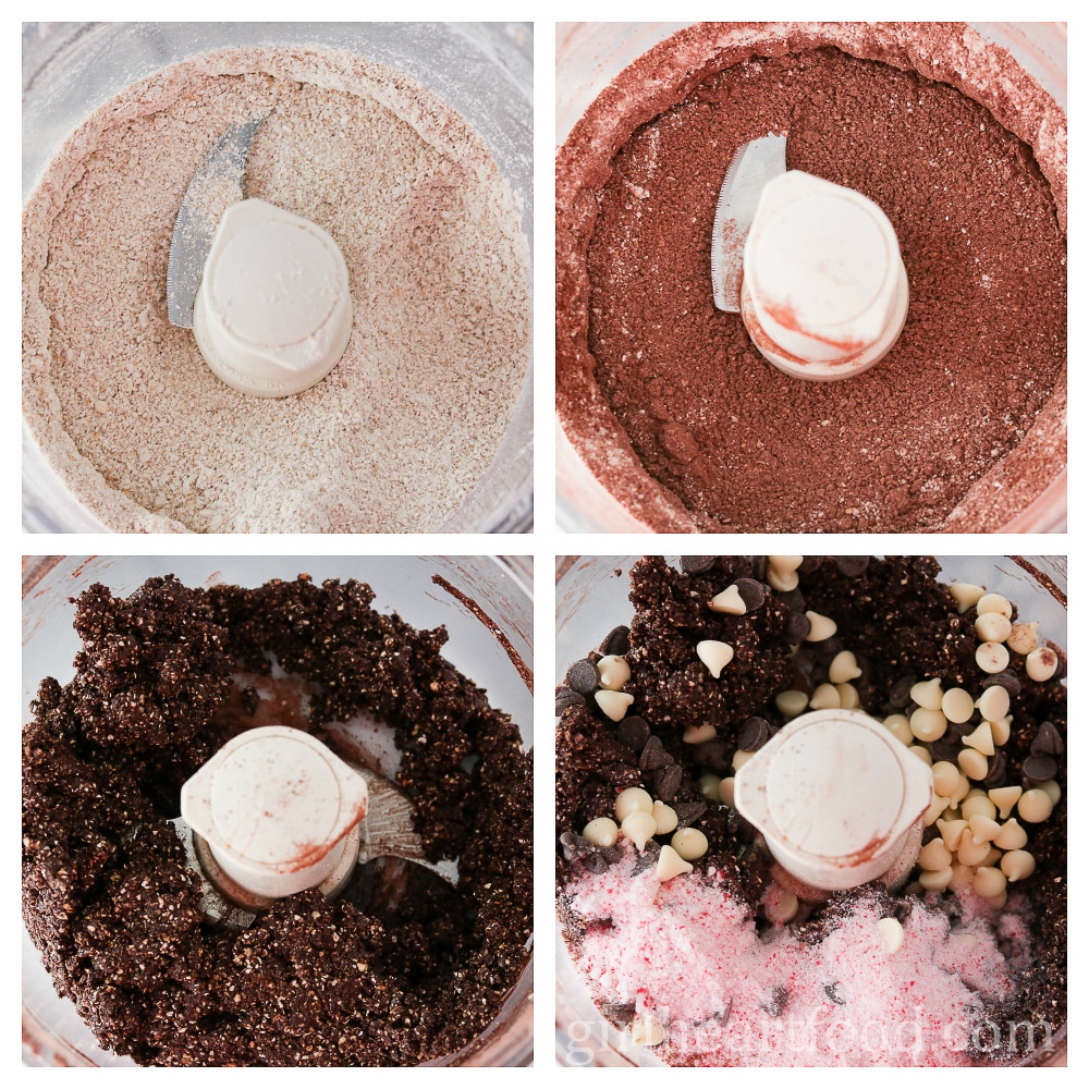 Collage of some steps to make peppermint chocolate snack bites in a food processor.
