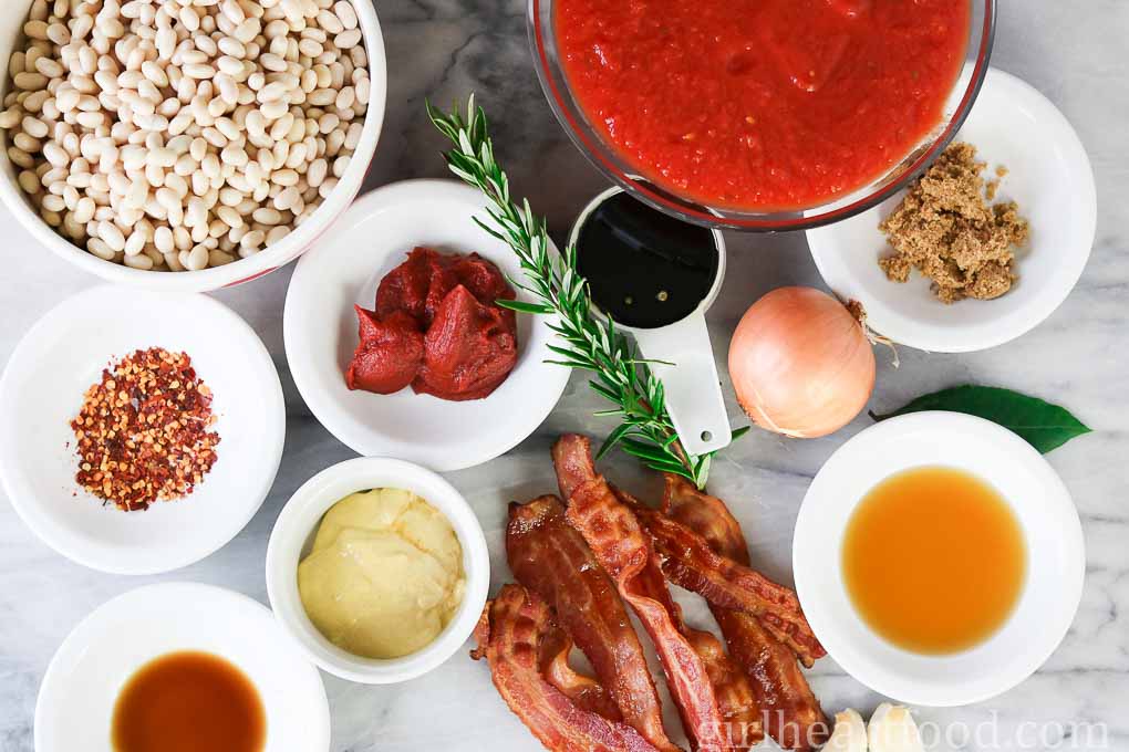 Ingredients for homemade baked beans with bacon.