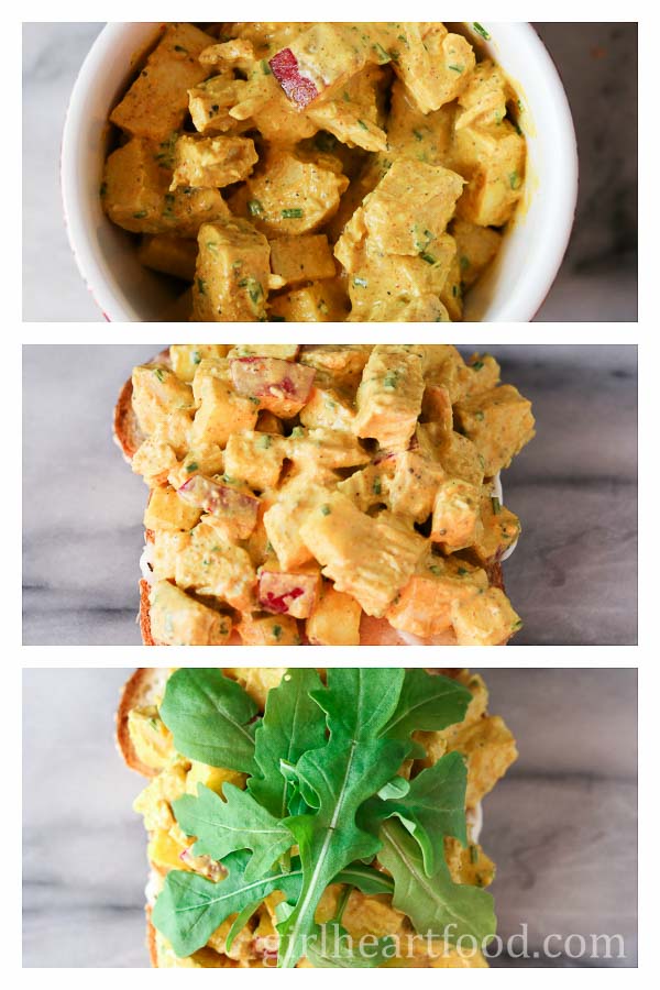 Collage of preparing a curry chicken salad sandwich with apples and arugula.