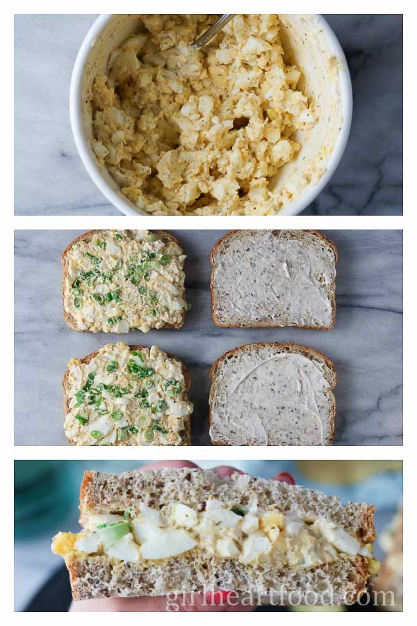 Collage of steps to make an egg salad sandwich.