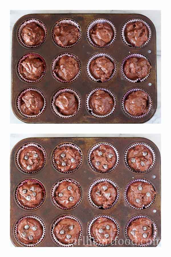 Collage of muffin batter in a pan: one with batter and one with batter and chocolate chips.