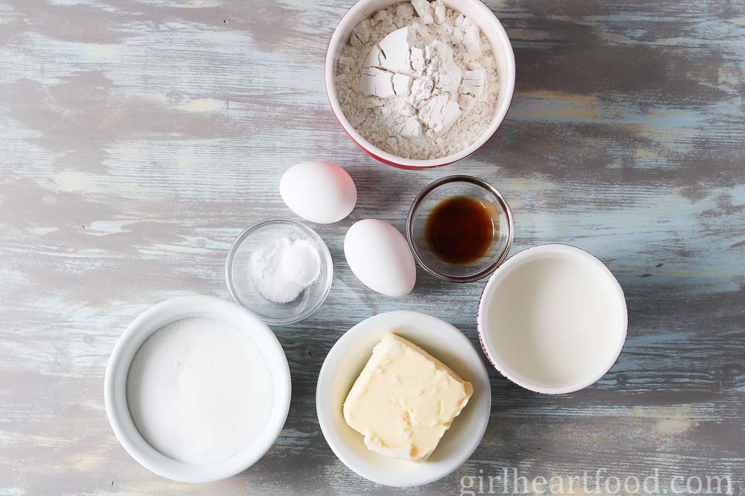 Ingredients for a vanilla cupcake recipe.