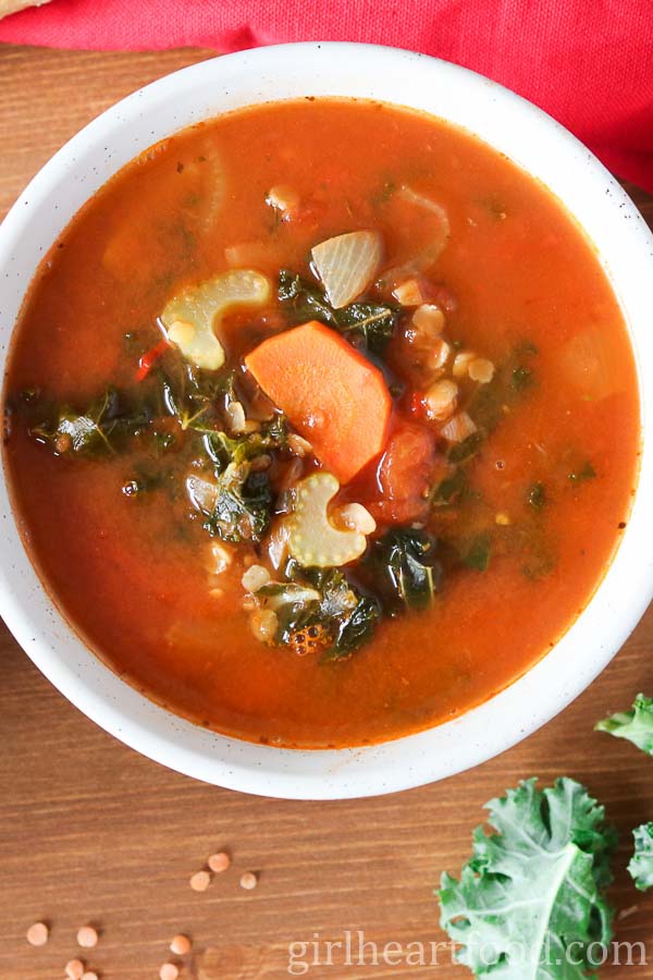 Bowl of lentil and kale soup.