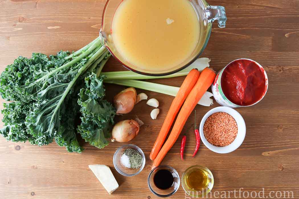 Ingredients for a lentil vegetable soup recipe.