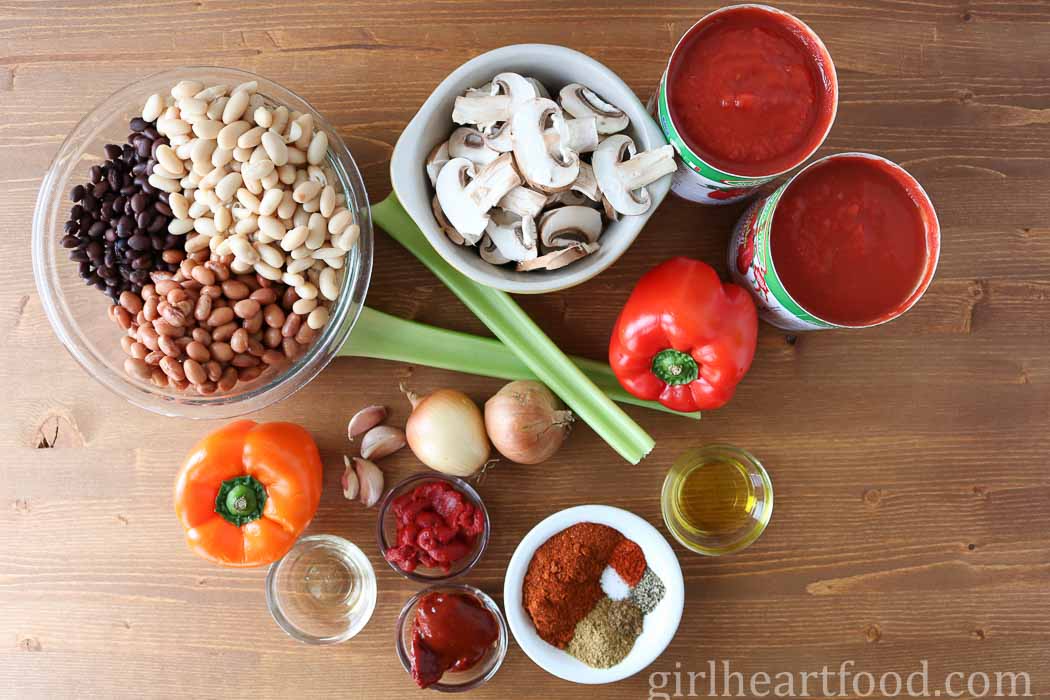 Ingredients for a meatless chili recipe.