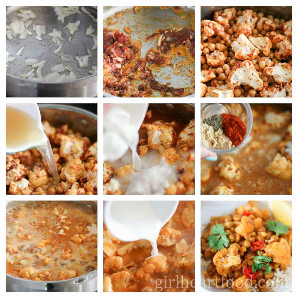 Collage of steps to make cauliflower chickpea curry with coconut milk.