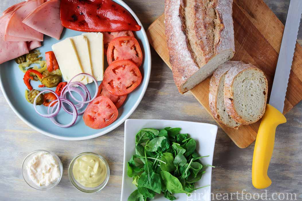 Ingredients for a mortadella sandwich recipe.