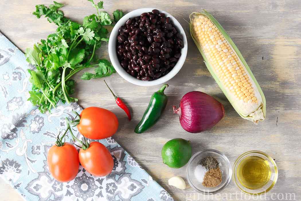 Ingredients for a black bean and corn salsa recipe.