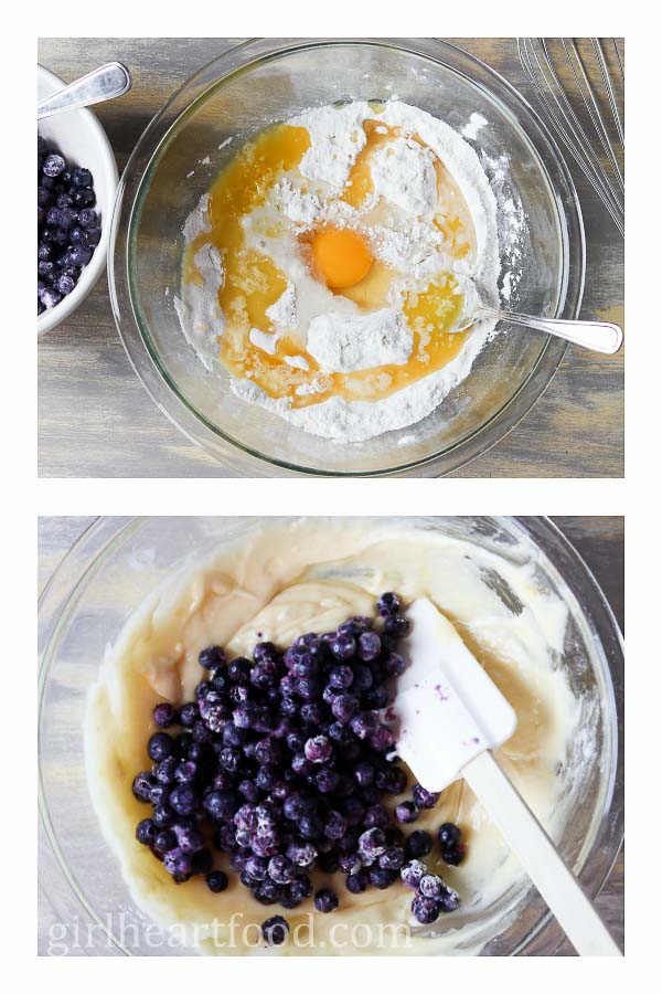 Collage of preparing the batter mixture for blueberry donuts.