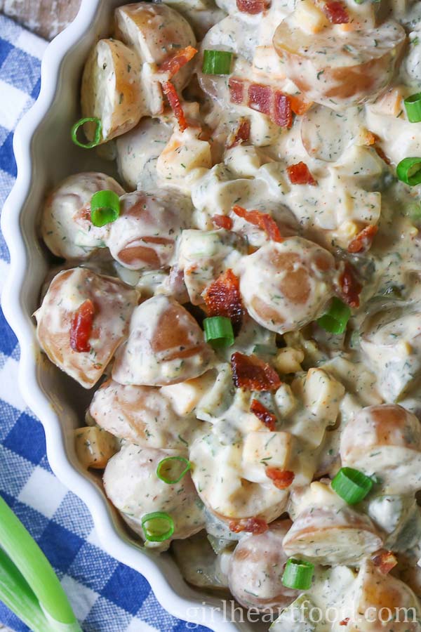 Close-up of chunky potato salad in a dish.