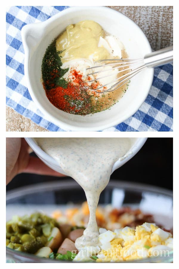 Collage: bowl of the mayo mixture for potato salad and then pouring it over the salad.