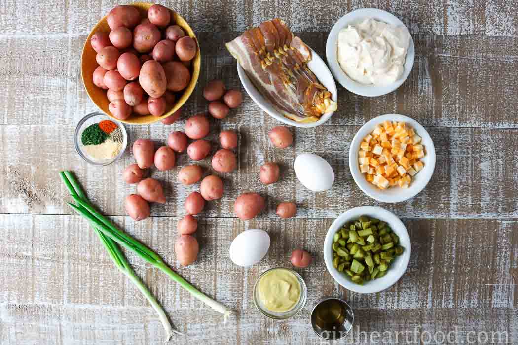 Ingredients for a chunky potato salad recipe.