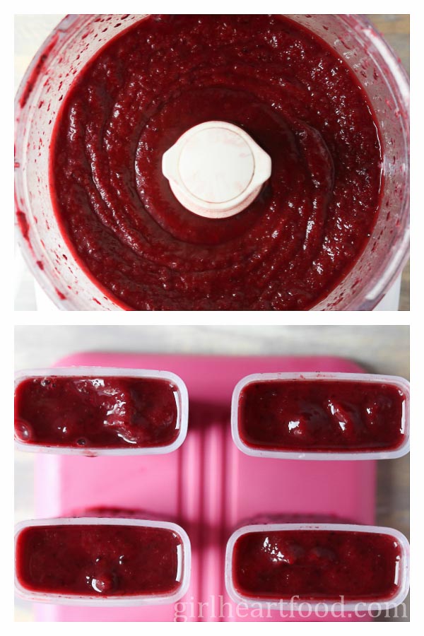 Collage of an ice pop mixture: in a food processor and in the ice pop mold.