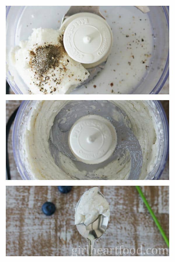 Collage showing before and after goat cheese being whipped in a food processor.