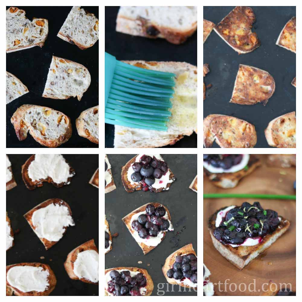 Collage of steps to make a blueberry goat cheese crostini recipe.