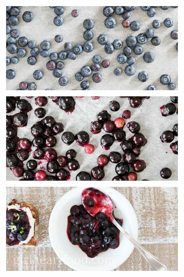 Collage showing before and after roasting blueberries.