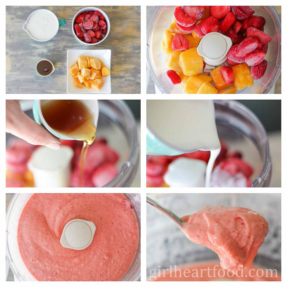 Collage of steps to make homemade fruit ice pops.