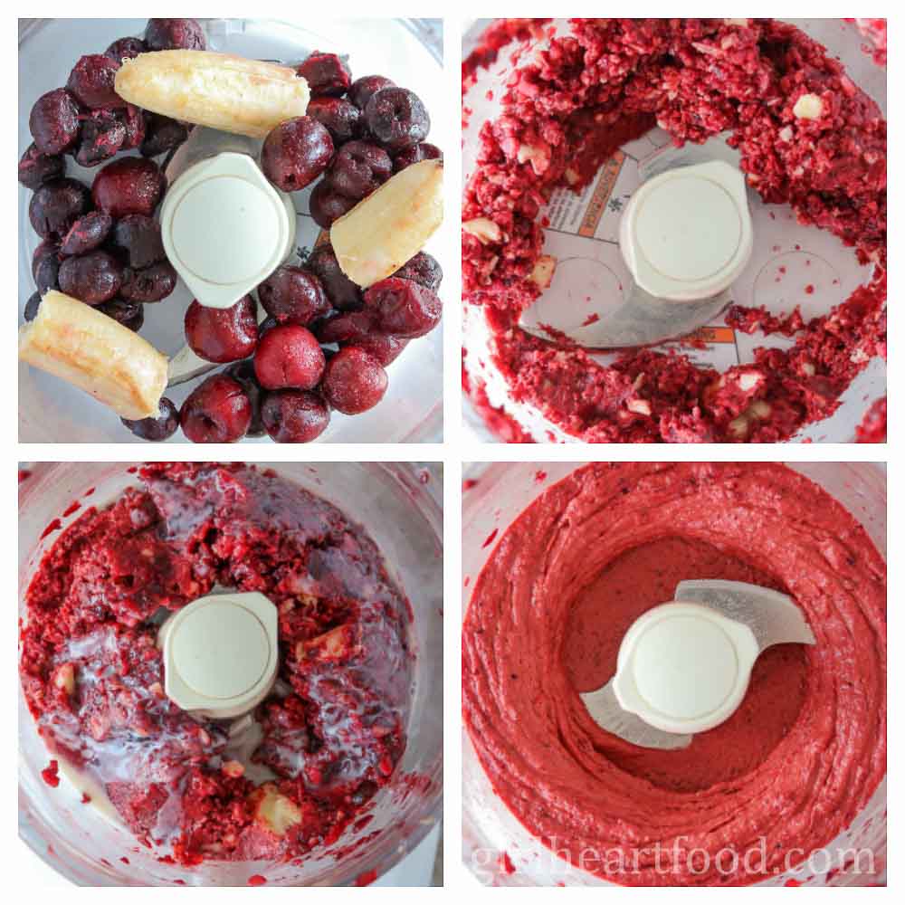 Collage of steps to make a fruit smoothie bowl in a food processor.