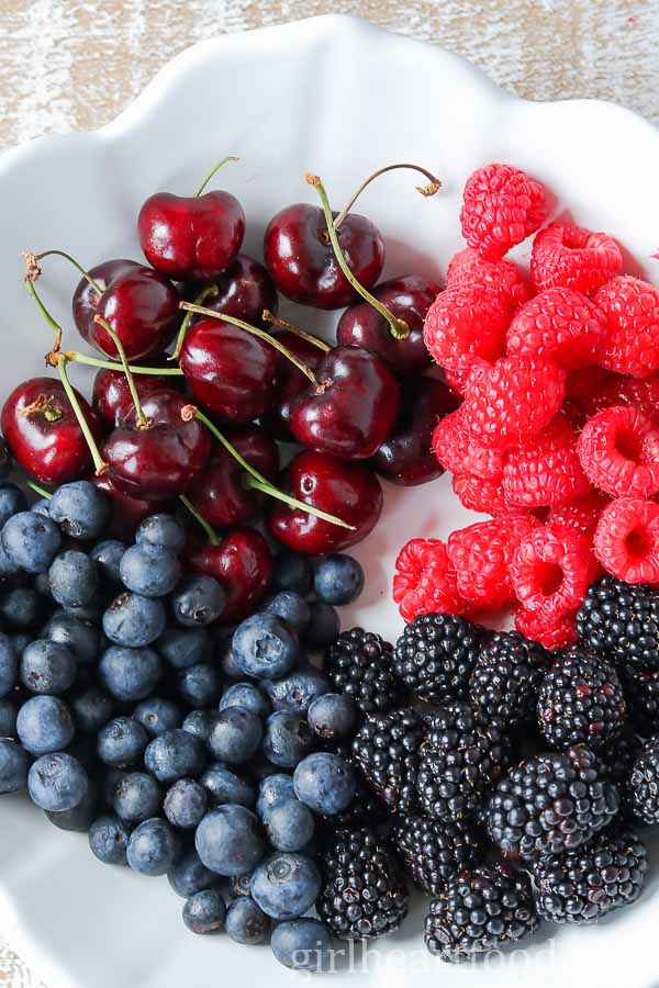 Bowl of fresh berries and cherries.