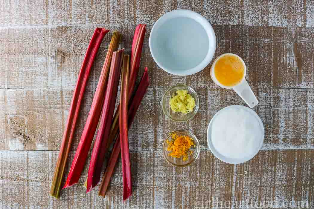 Ingredients for homemade rhubarb jam with orange and ginger.