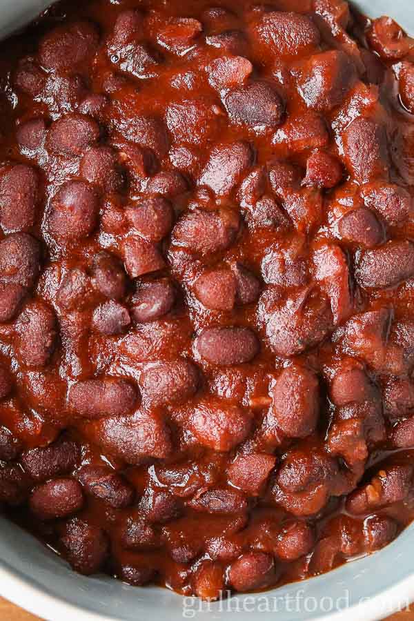 Close-up of baked black beans.
