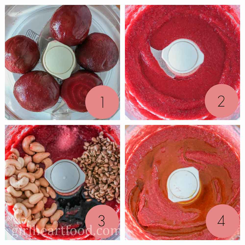 Collage of steps to make beet cashew dip in a food processor.