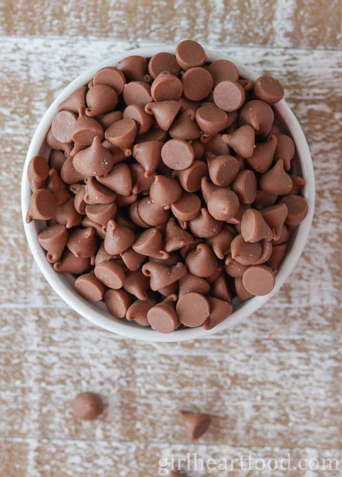 A bowl of milk chocolate chips.