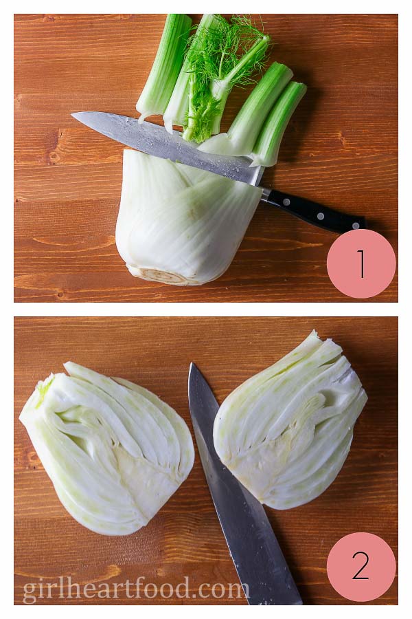 Collage of removing stalks from fennel and then cutting the bulb in half.