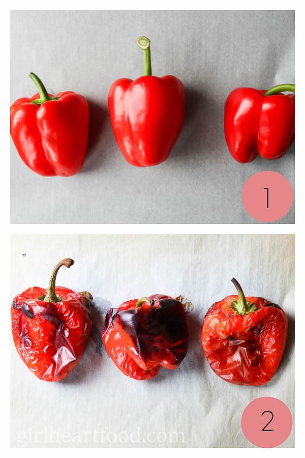 Collage of three red bell peppers before and after roasting.