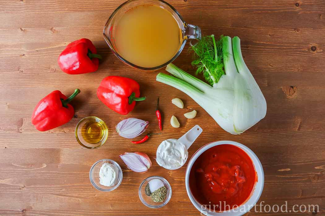 Ingredients for roasted red pepper, tomato and fennel soup.