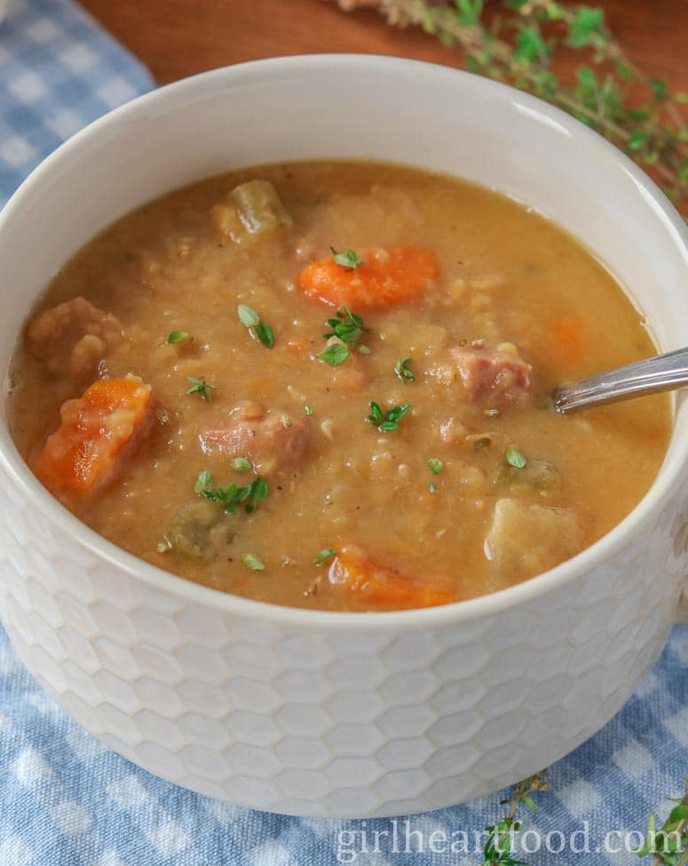 Bowl of split pea and ham soup.